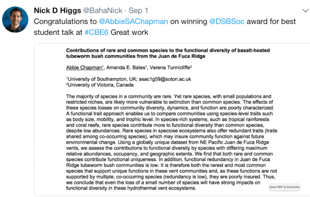 Tweet by Dr Nick Higgs about the DSBS award.