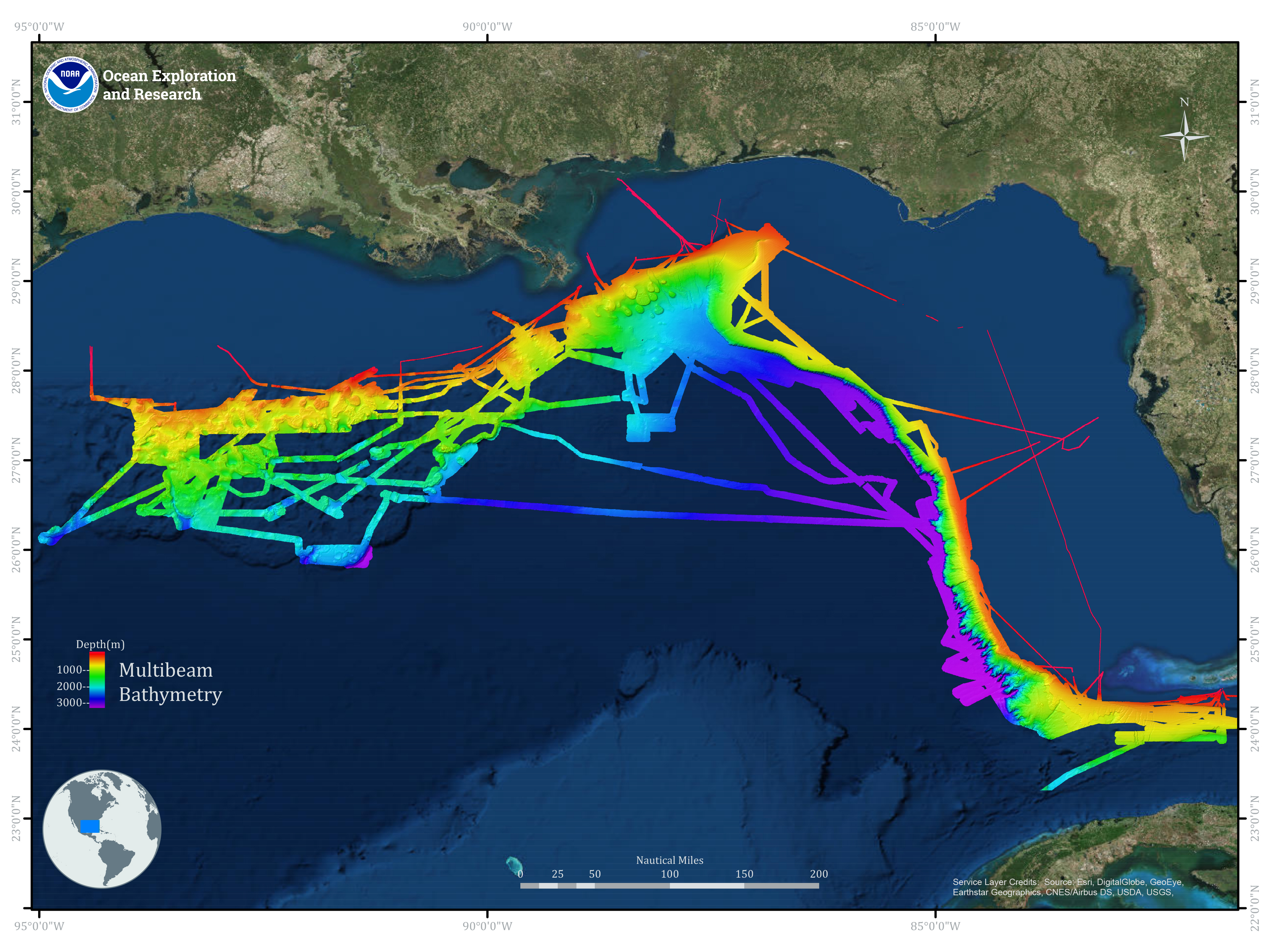Figure 1. Map of the Gulf of Mexico showing cumulative color-coded multibeam sonar bathymetry collected during all NOAA Ship Okeanos Explorer expeditions, including the three most recent expeditions. Map courtesy of NOAA’s Office of Ocean Exploration and Research. Download larger version (jpg, 13.7 MB).