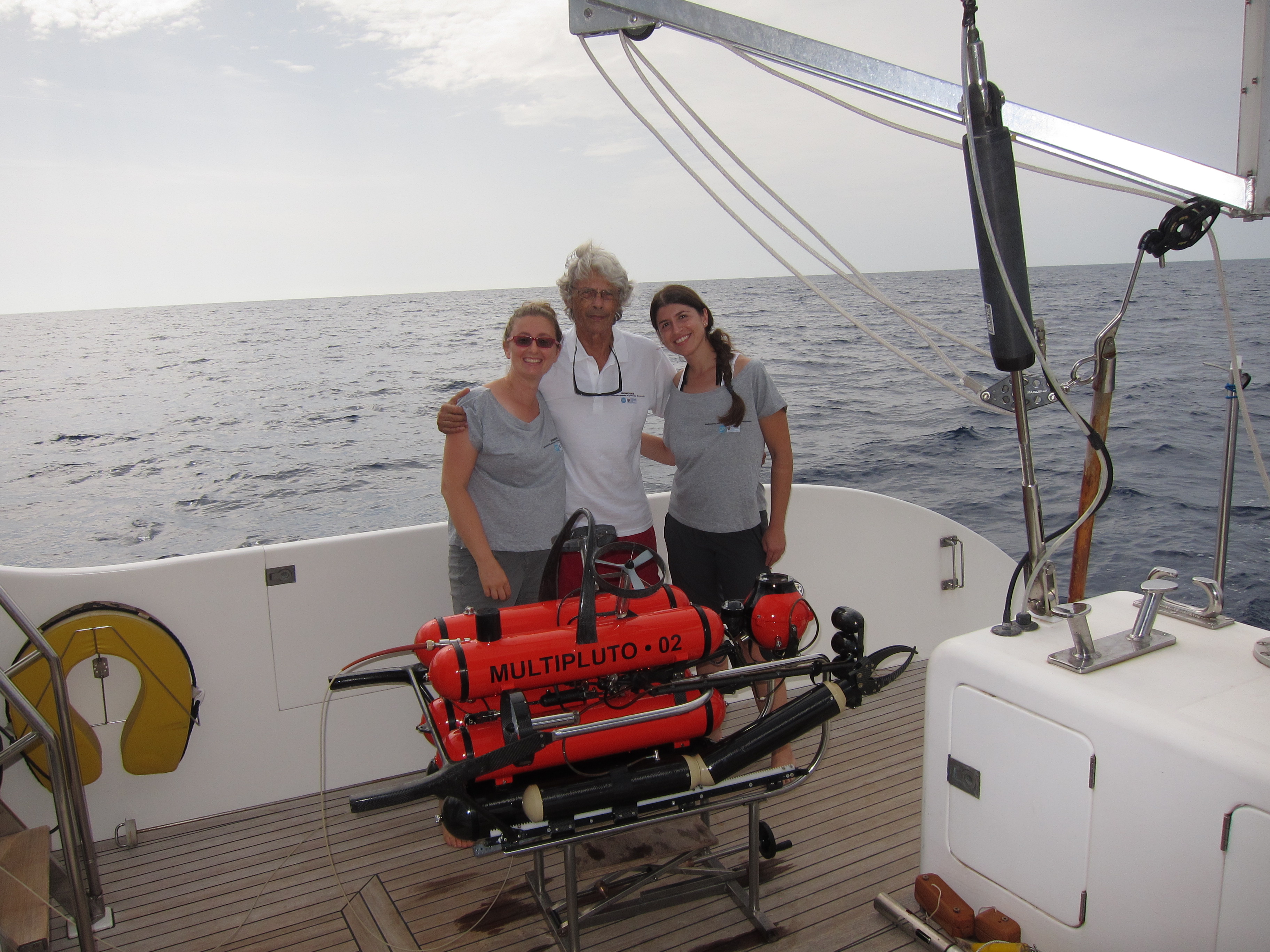 Figure 5. Marzia Bo, Guido Gay and Martina Coppa- ri on the vessel deck together with Multipluto ROV.