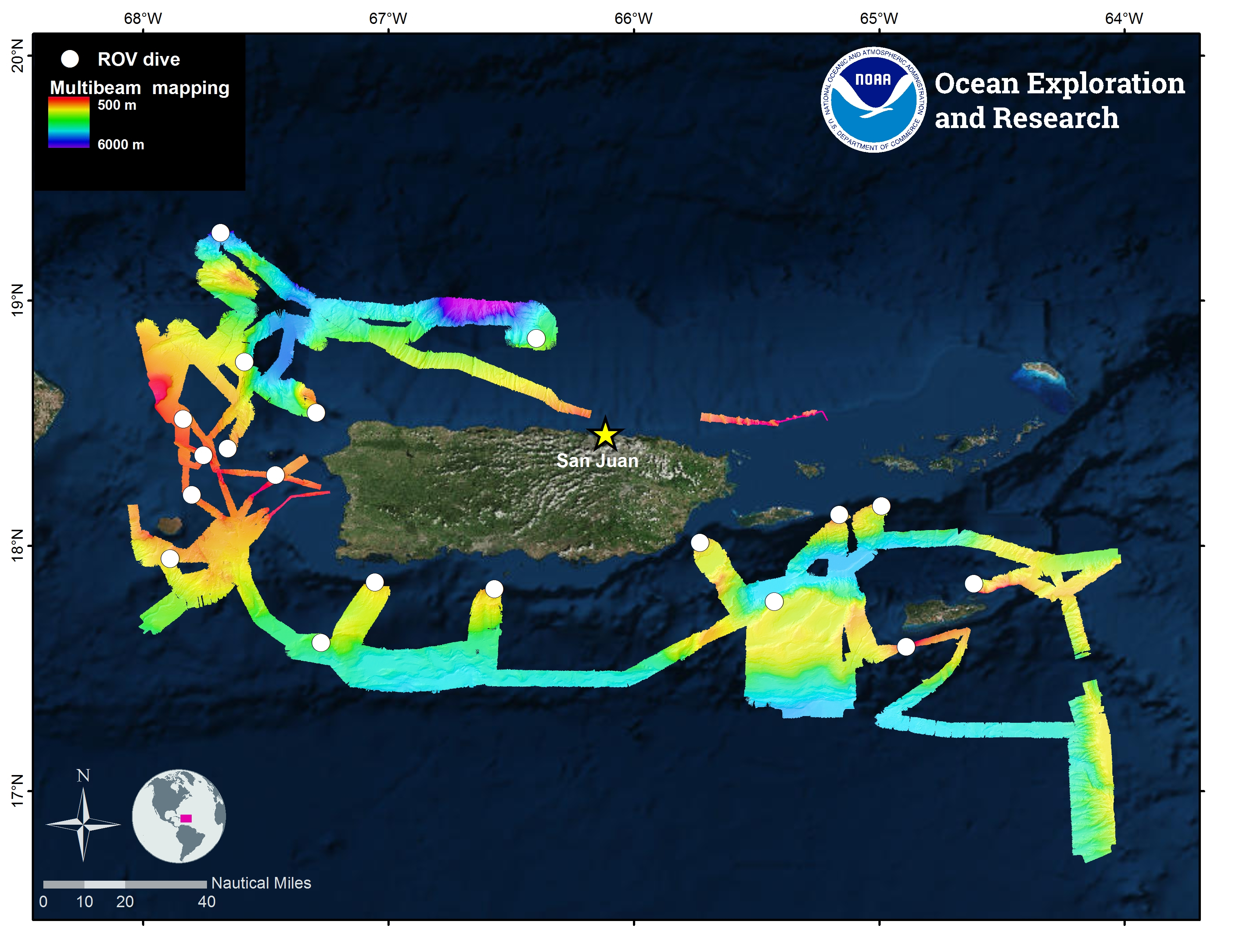 Figure 2. Overview map showing the locations of ROV and mapping operations completed during the Océano Profundo 2018 expedition.