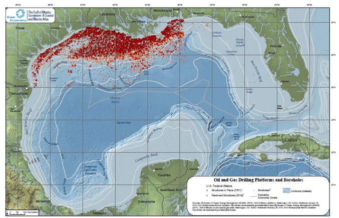 Figure 1. Map of Gulf of Mexico, US oil and gas drilling platforms and boreholes