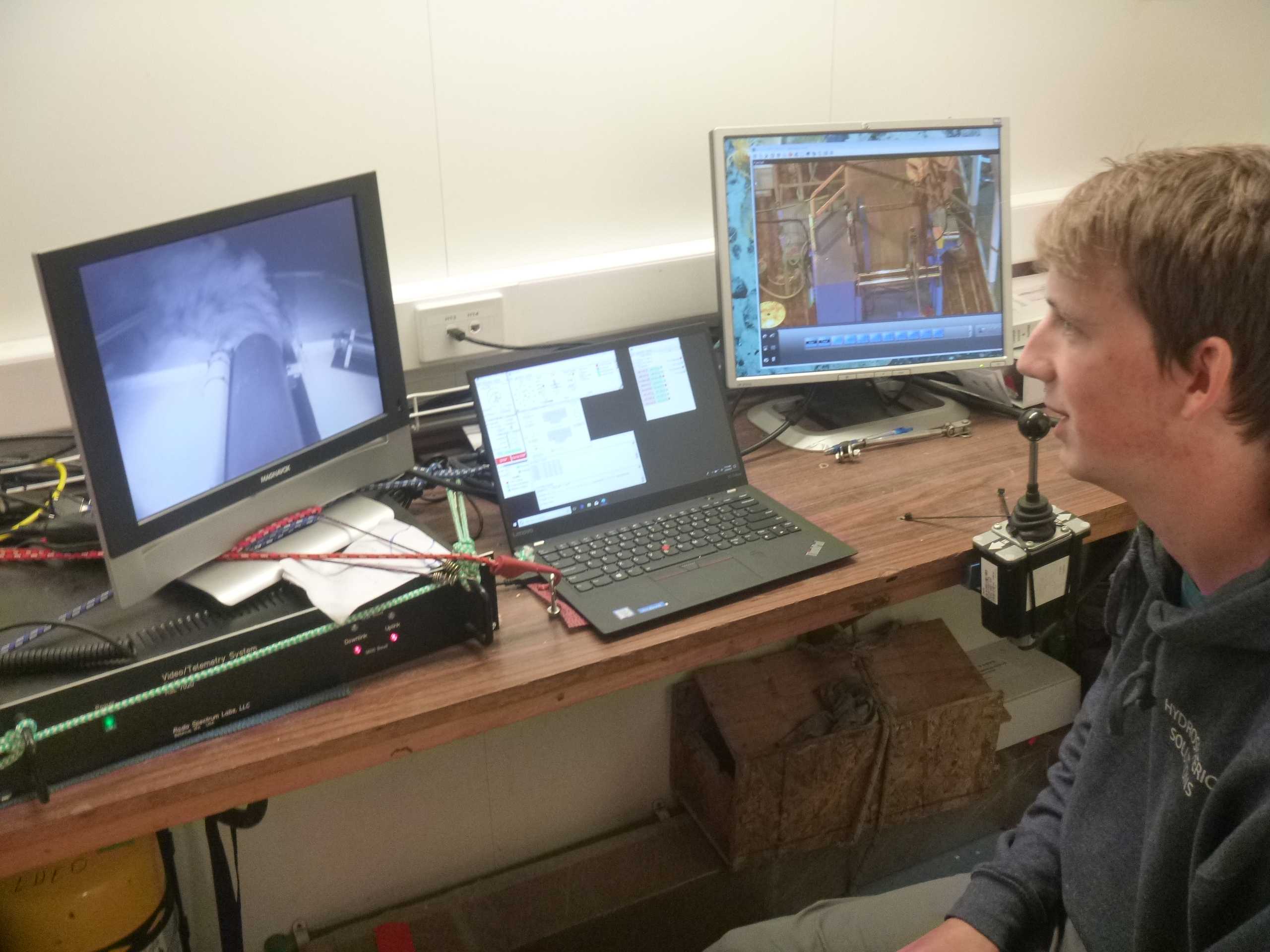 Figure 3. The Benthic Disturber being monitored during operation (the chimney plume is on the left screen)